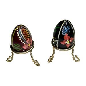 2 Painted Decorative Eggs with Metal Stands Floral Folk Art Unbranded